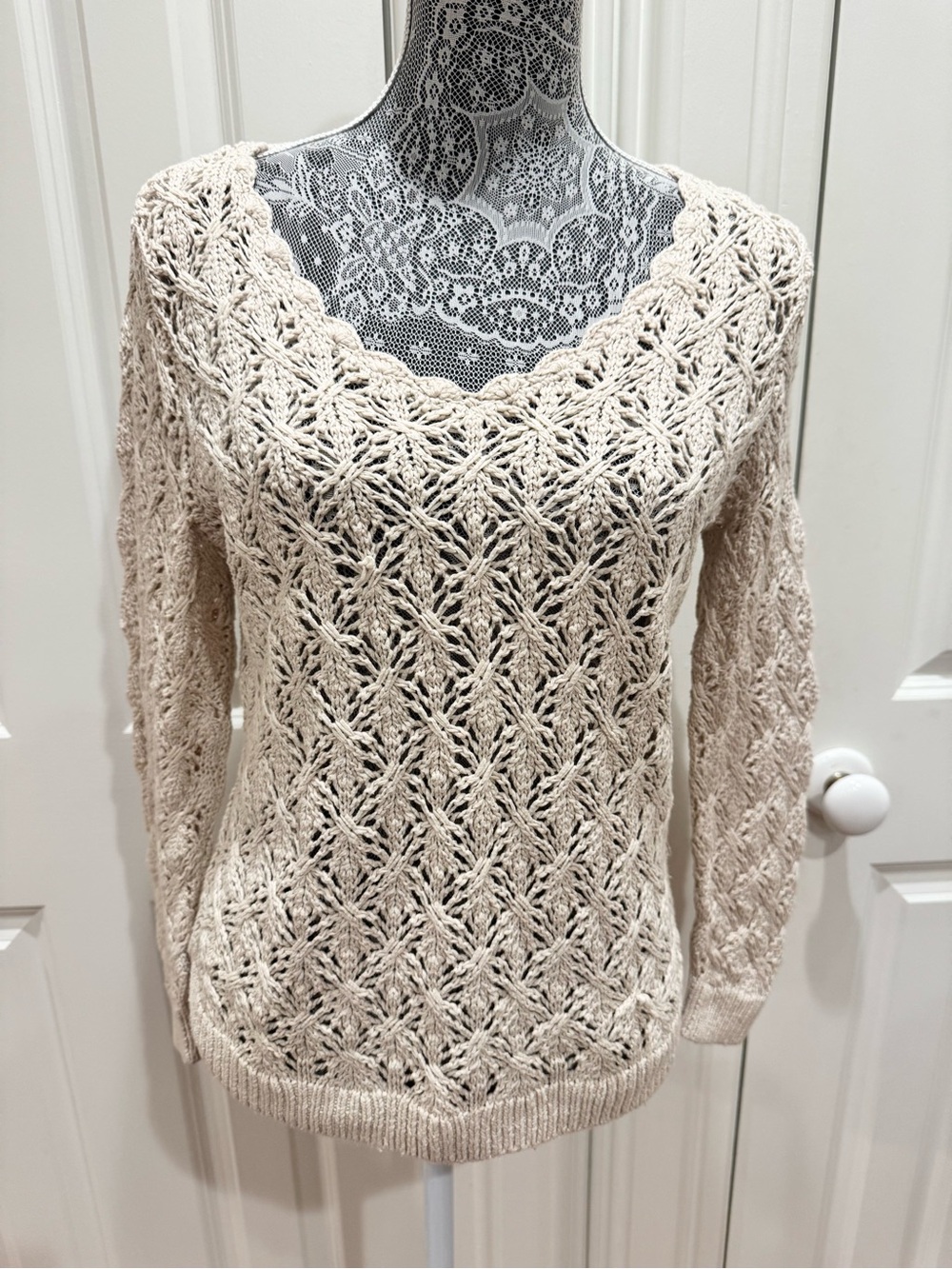 LOFT Cream Open-Knit Crochet Cotton V-Neck Sweater Sz. S Cottagecore Festival